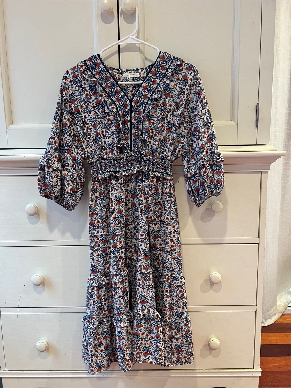 Max Studio Floral V-Neck Tiered Midi Dress in Blue and Rust